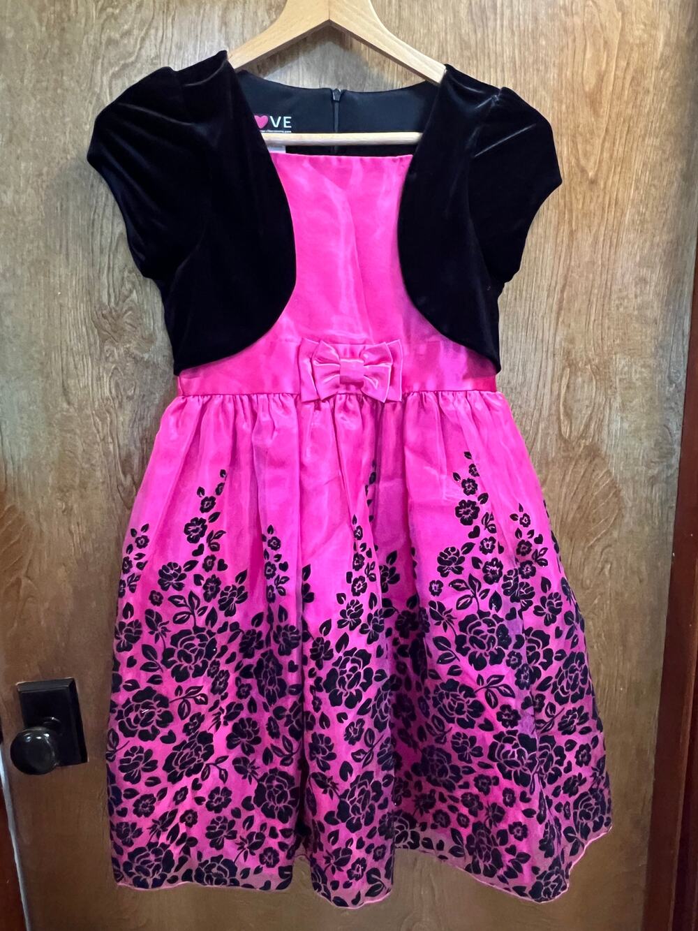 LOVE Special Occasions Fuschia Satin Formal Dress with Black Velvet Jacket sz 14